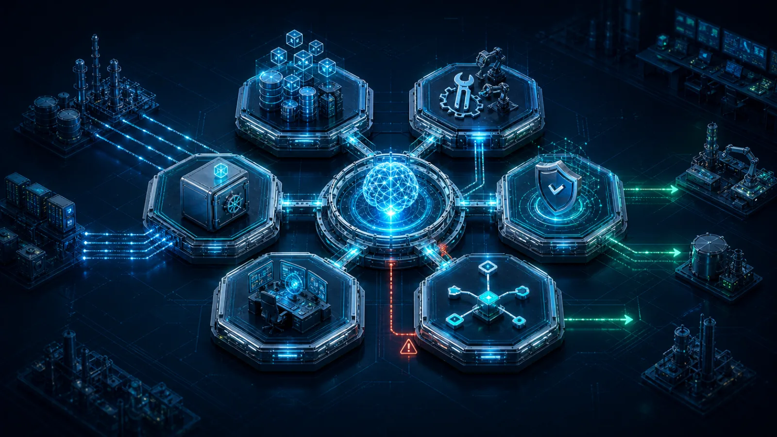 The model sits at the centre of an industrial harness. Six governed stages surround it — data ingress, context assembly, output guardrails, action routing, observability, and audit — with plant systems feeding in and validated decisions flowing out.