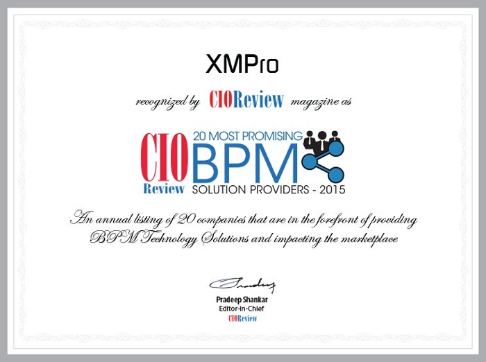 CIO Review Names XMPro as one of the '20 Most Promising BPM Solution Providers 2015”