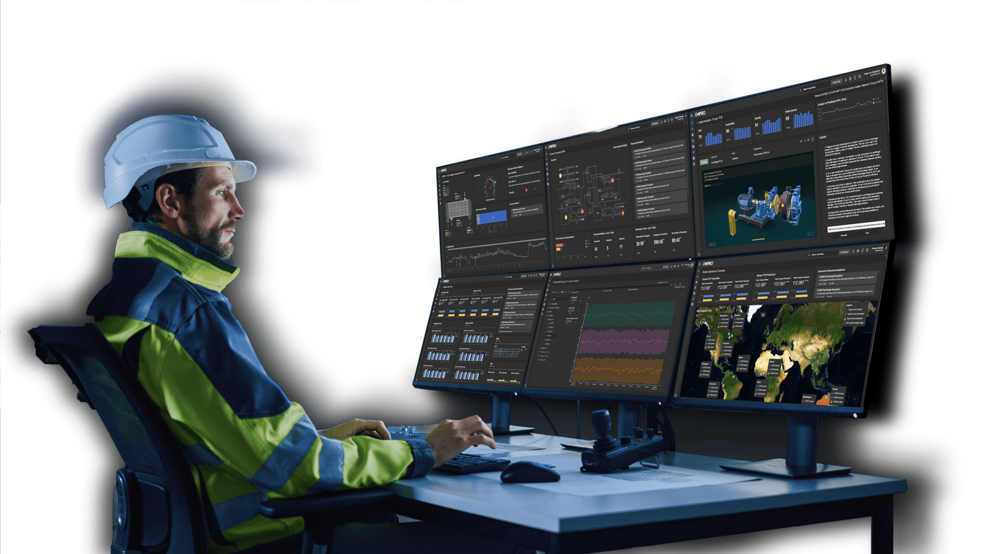 Multi-screen operations centre view with fleet status and drill-down