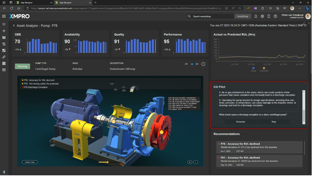Recommendation panel showing ranked predictive maintenance action