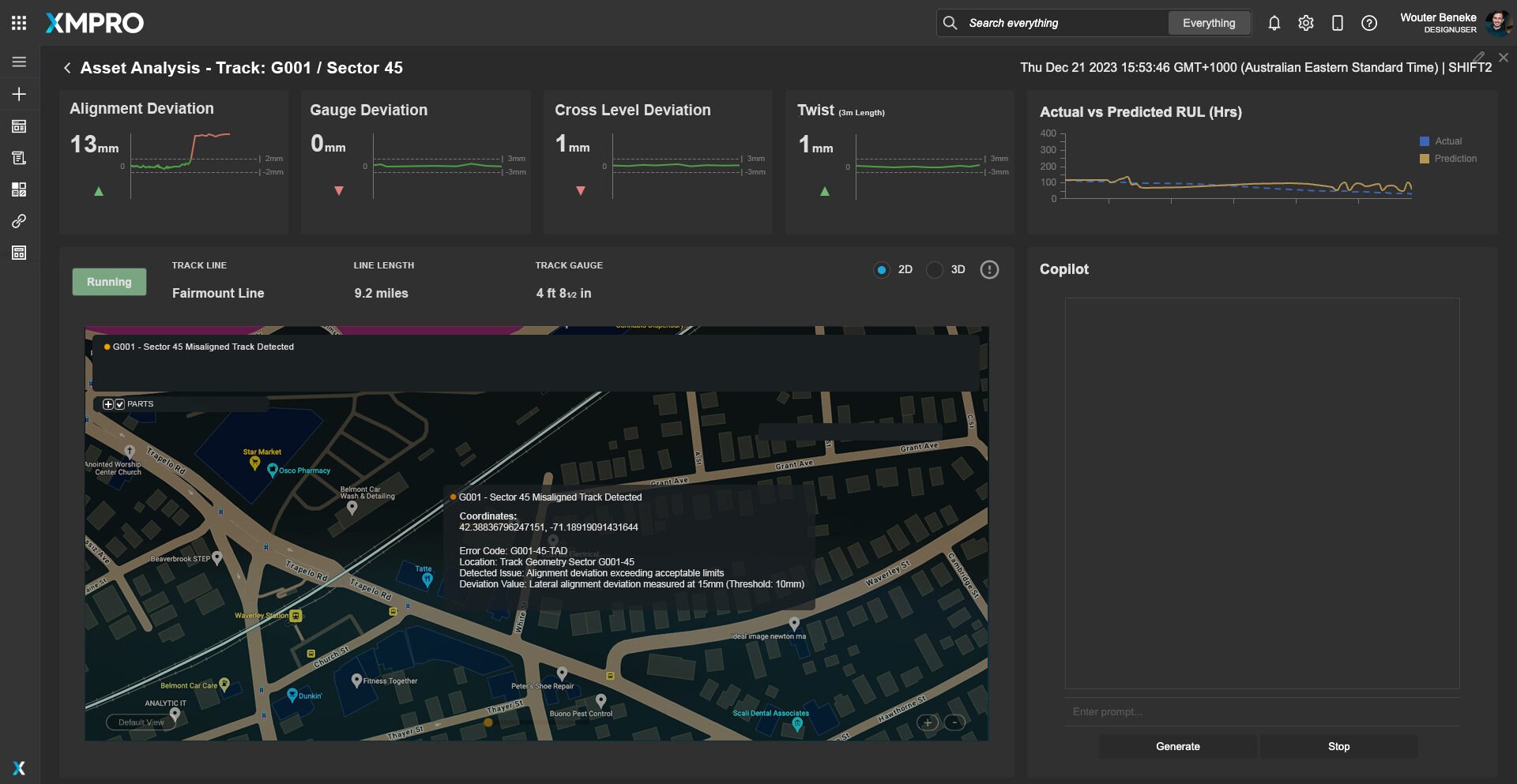Per-track asset analysis view with geometry trend lines and predicted risk modes