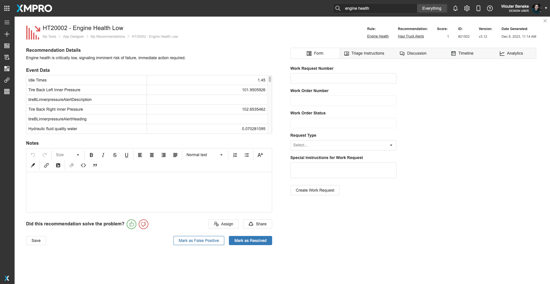Recommendation panel showing ranked engine maintenance action and work-request