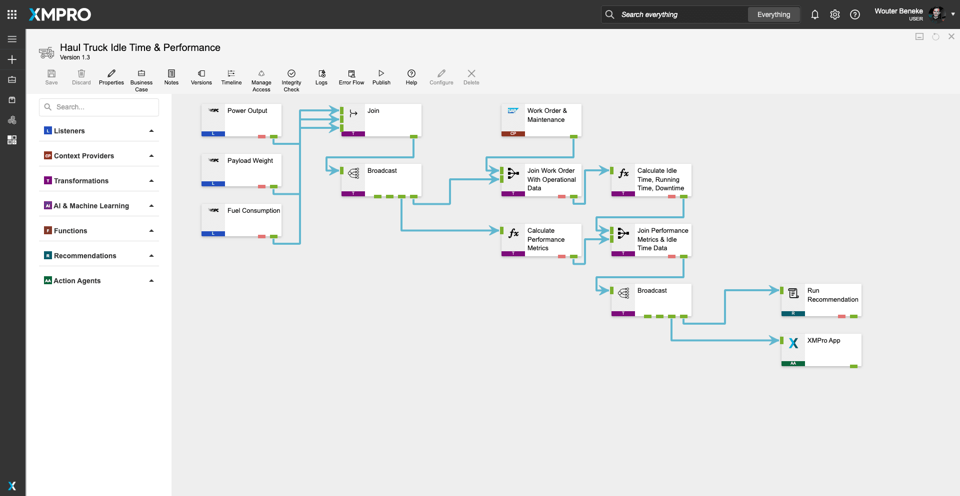 Data stream view tracking haul truck idle time and performance metrics