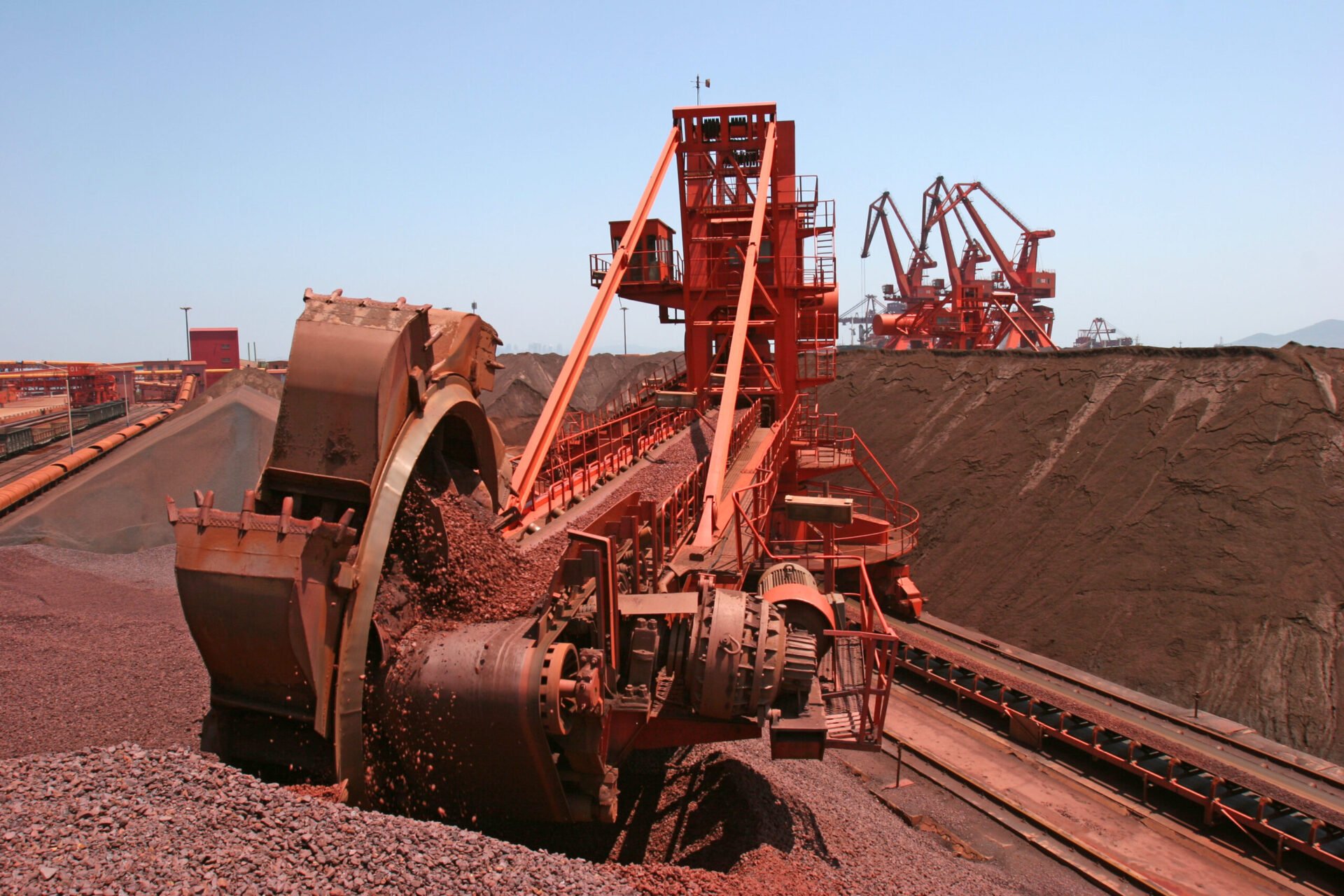 Bucket-wheel reclaimer working an iron ore stockpile