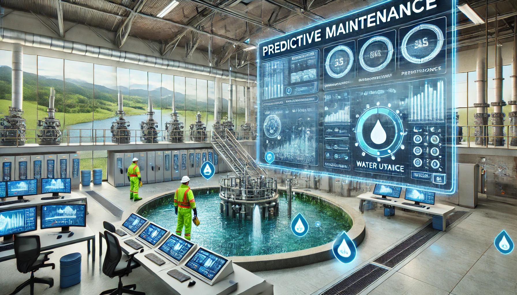DALL·E 2024-11-26 13.36.28 – A hyper-realistic scene depicting predictive maintenance in a water utility setting. The image shows a modern control room with advanced monitoring sc