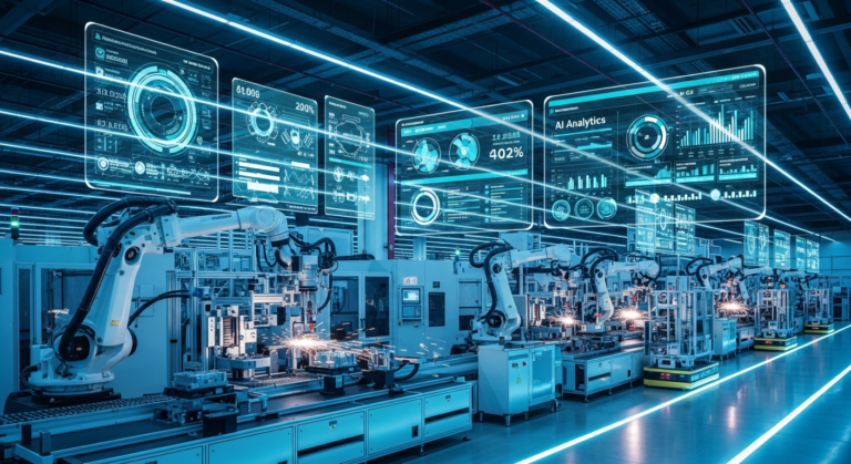 Modern smart factory interior with robotic arms on an assembly line, holographic data overlays and AI analytics dashboards floating above the machinery, blue and teal lighting, photorealistic industri