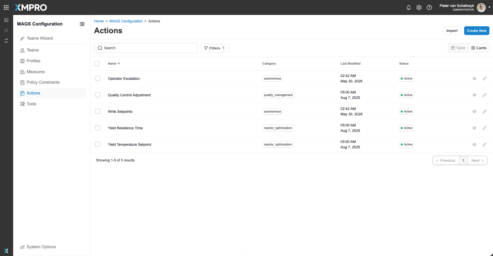 MAGS governance — action definitions screen
