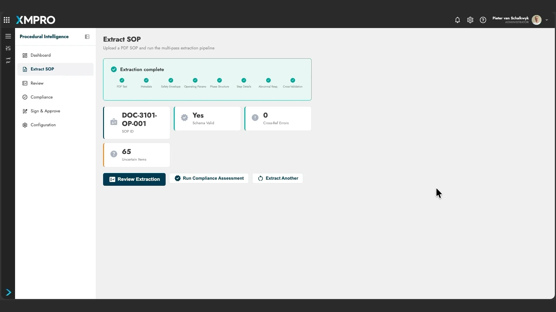 XMPie extraction results showing completed passes, schema validation and uncertain items requiring review.