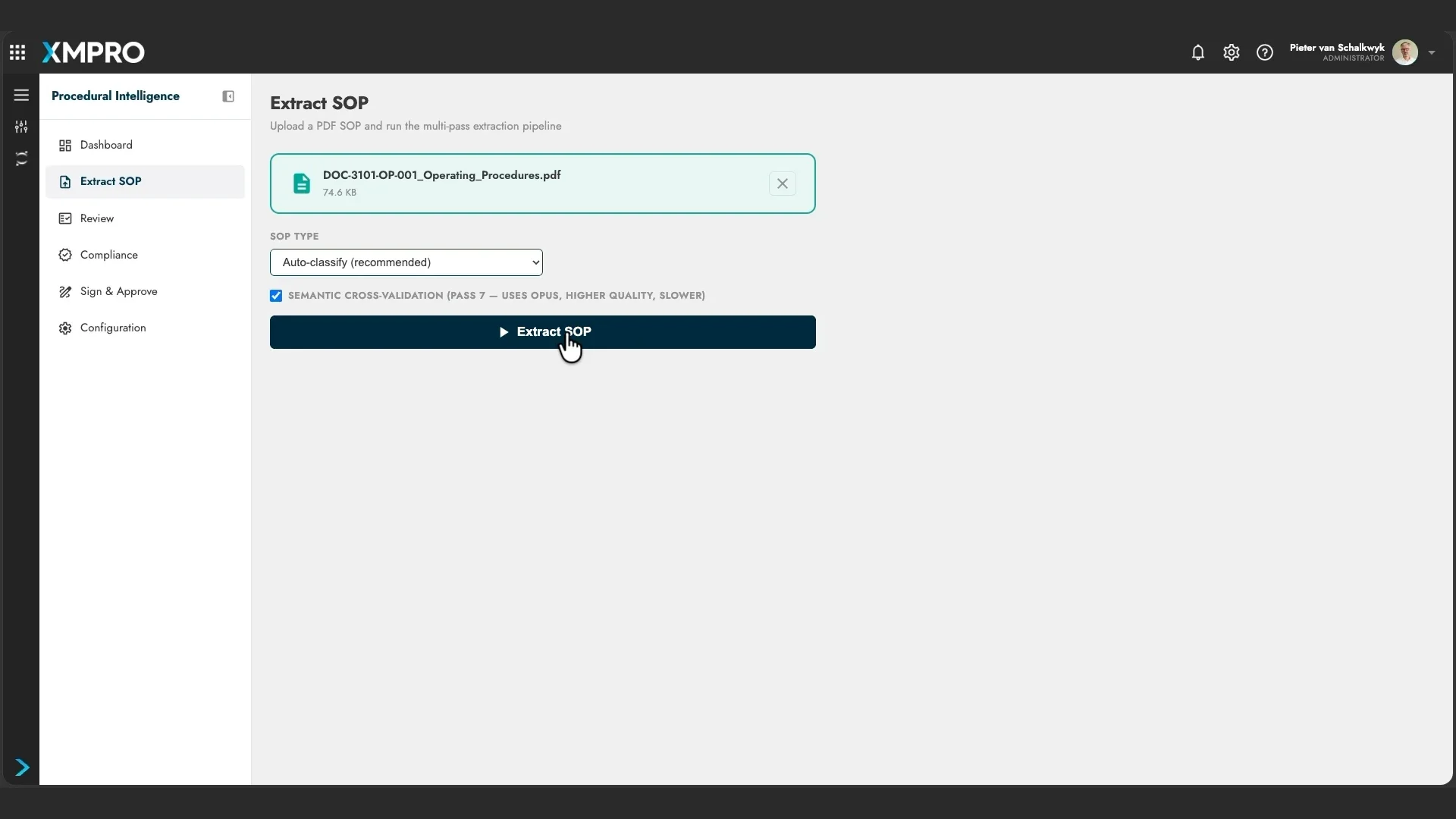 XMPie Extract SOP screen with a selected operating-procedure PDF and document classification.