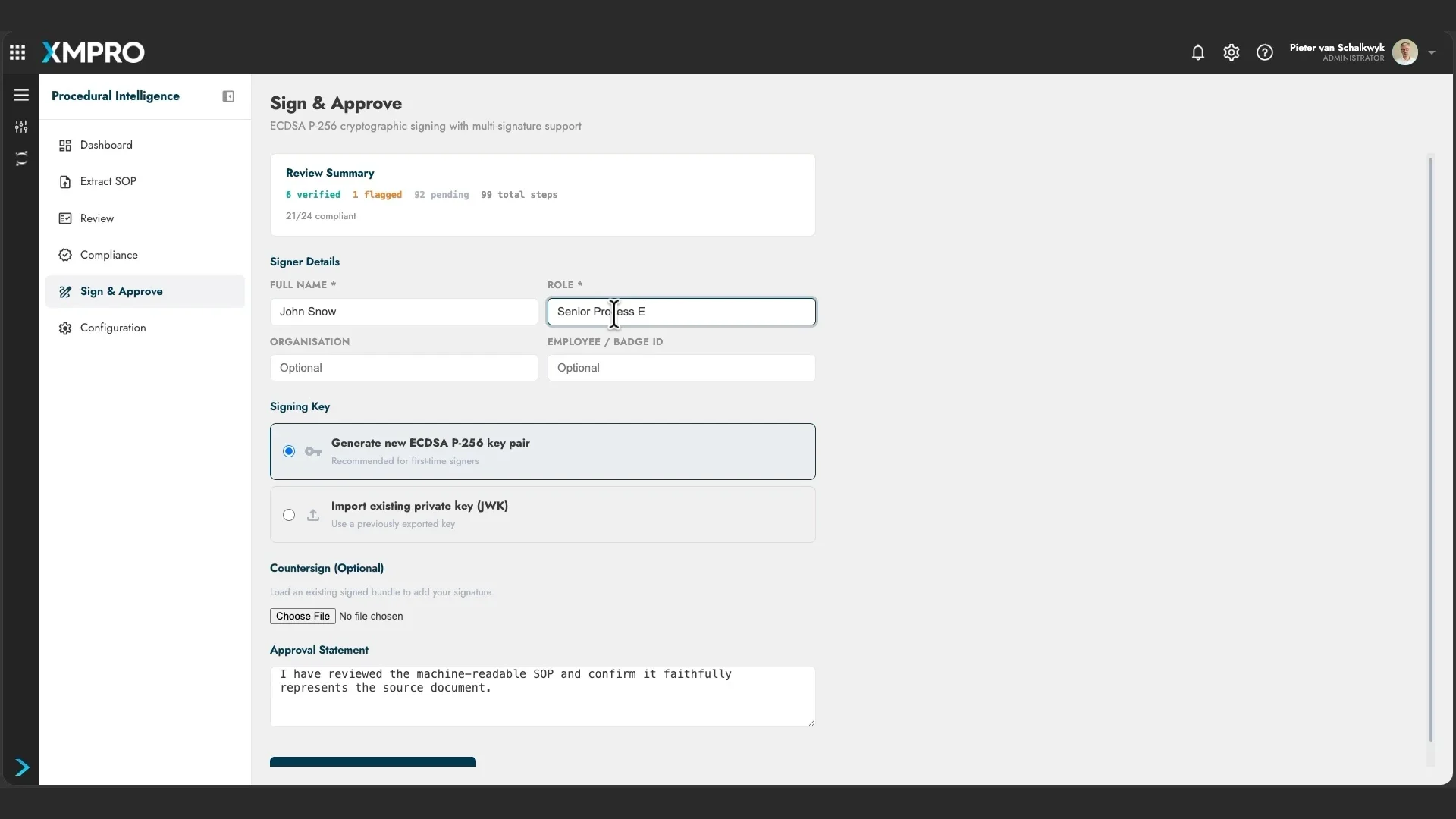XMPie Sign and Approve screen showing the review summary, signer details, signing-key options and approval statement.