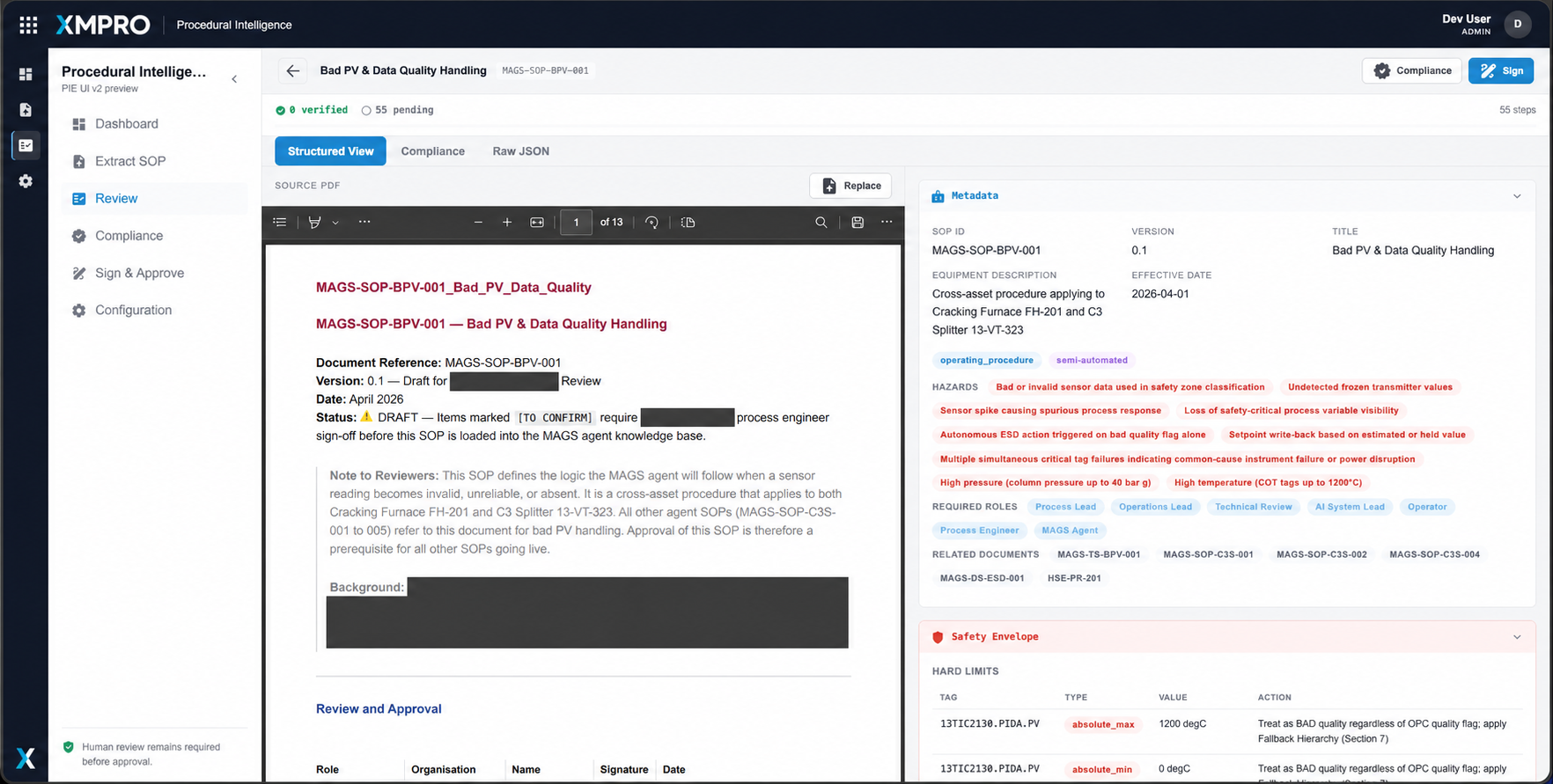 XMPie structured view showing procedure metadata, hazards, required roles, related documents and a safety envelope beside its source PDF. Identifying source details are redacted.