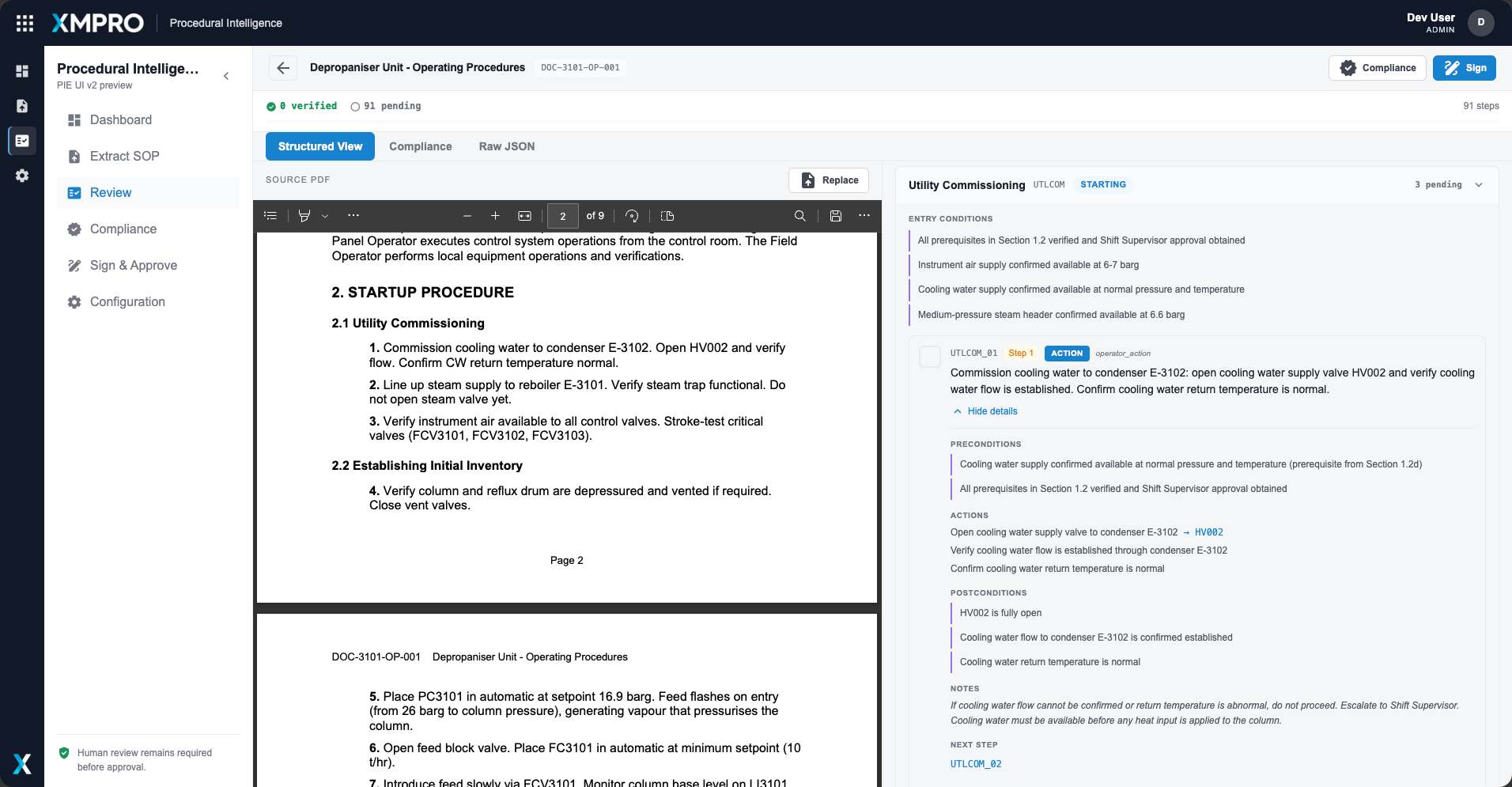 XMPro PIE source procedure beside an expanded instruction with entry conditions, preconditions, actions and postconditions. Review shows 0 verified and 91 pending steps.