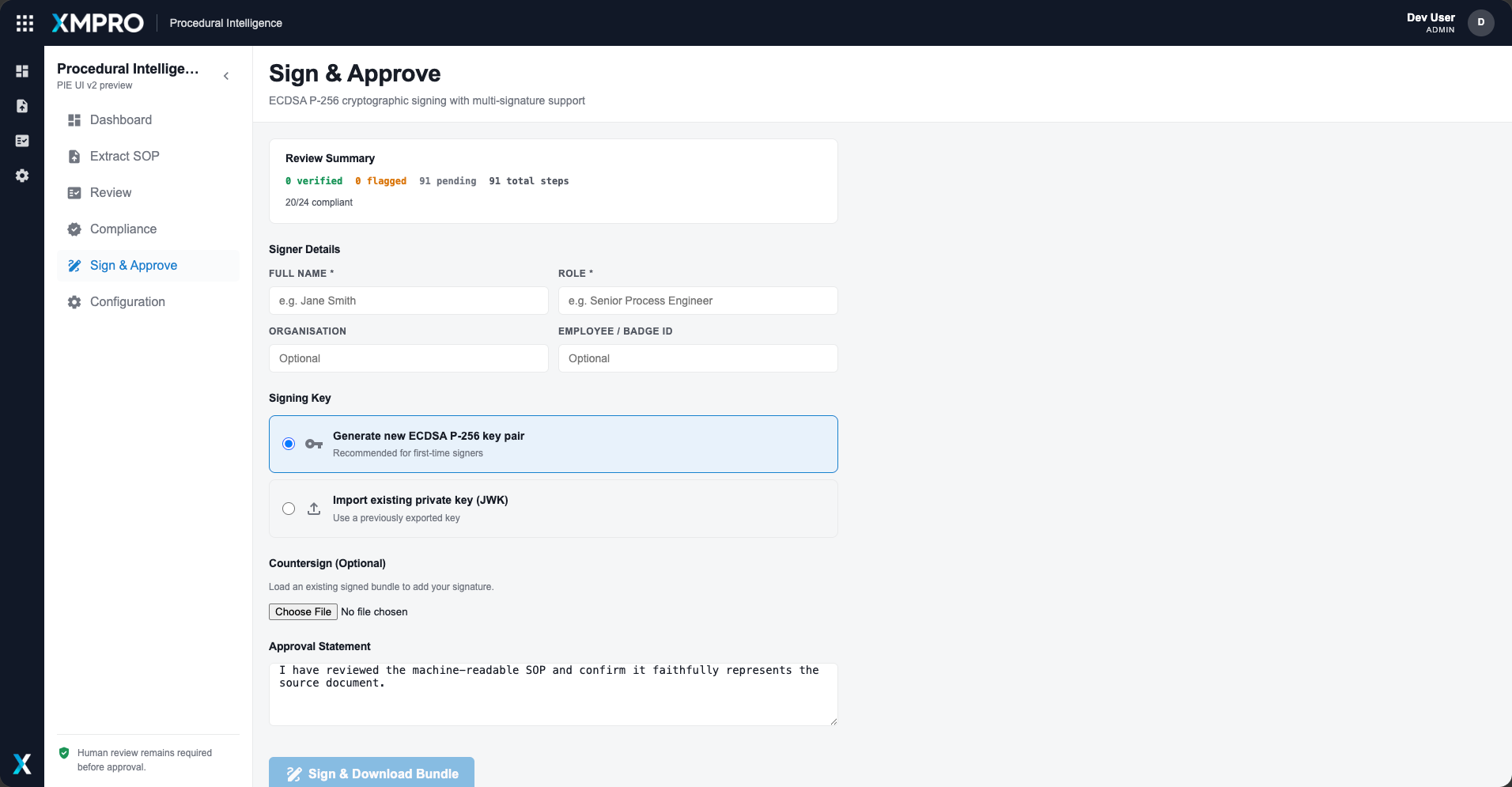 XMPro PIE Sign and Approve screen with 91 pending steps, blank signer details, signing-key choices, optional countersigning and an approval statement.