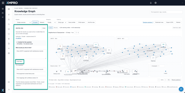 Parametric Context Graph in XMPro Operational Context Engine (OCE) where AI builds the quer filters that you can inspect, review, and change to make the outcome explicit